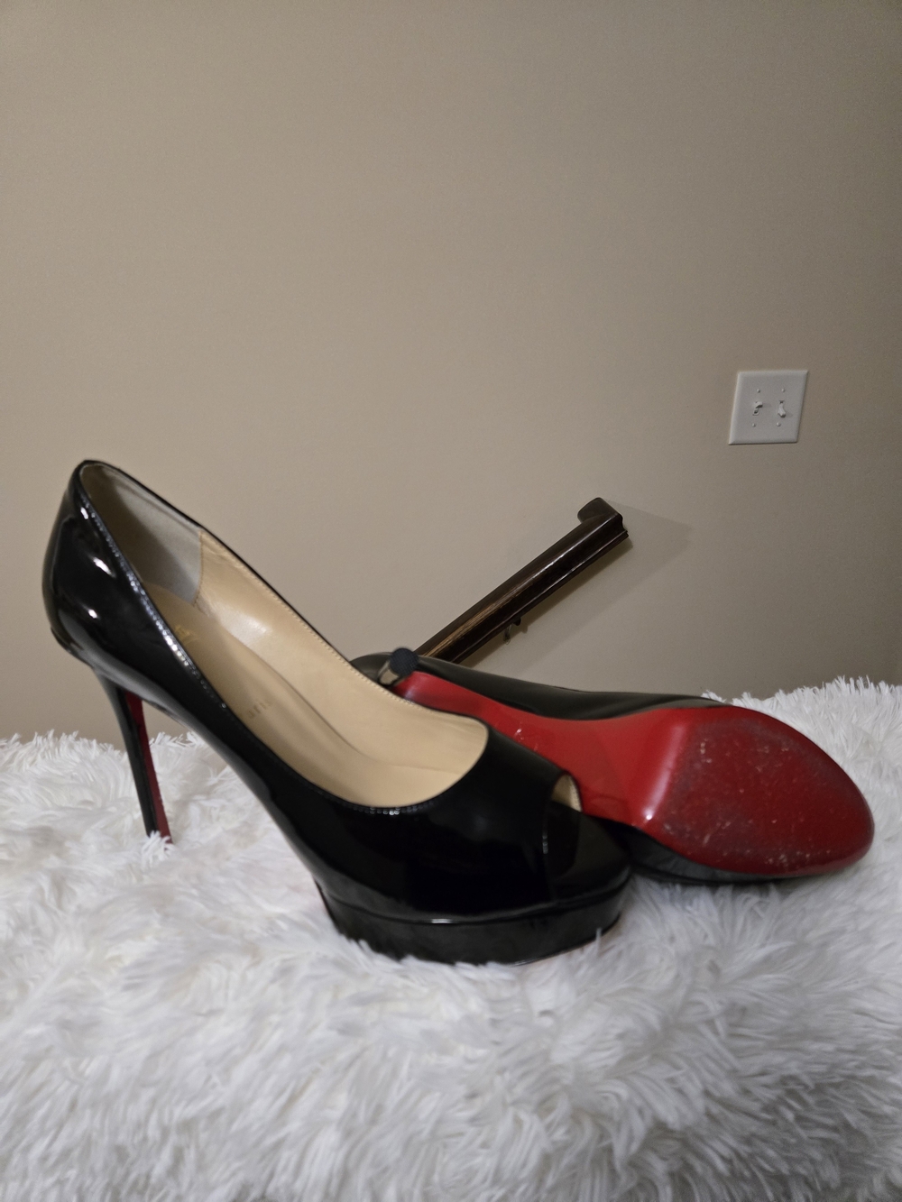 Replica - Black Patent Peep-Toe High Heel Pumps with Red Sole